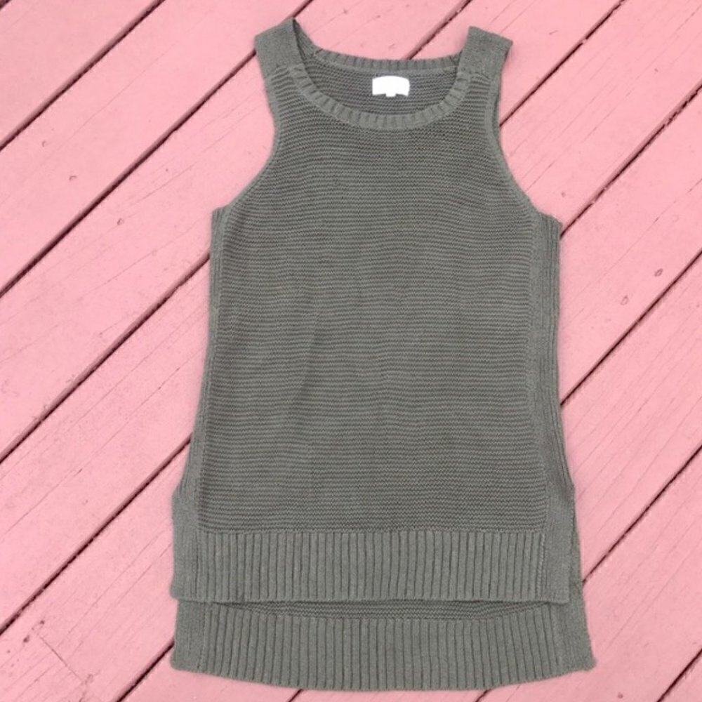 Lou & Grey Knit Tank S Woven Sleeveless Tunic Length Olive Moss Green Rib Cozy